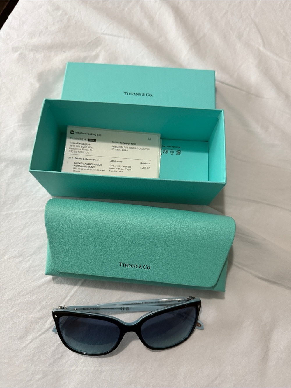 Tiffany & Co. Black Sunglasses with Blue Gradient Lenses and Tiffany Blue Case